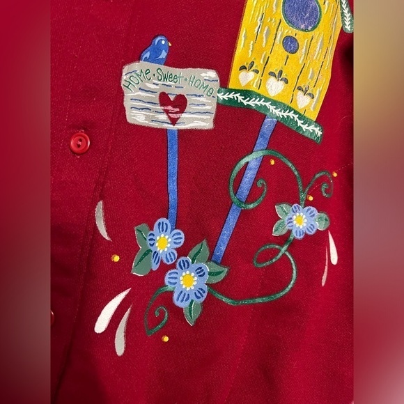 Vintage Blair Red and Yellow Birdhouse Cardigan Sweater XXL - Picture 8 of 9